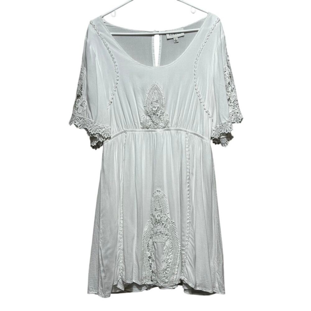 Sabine Womens Medium White Crochet Lace Inset Mini Dress Boho Peasant Tunic Top